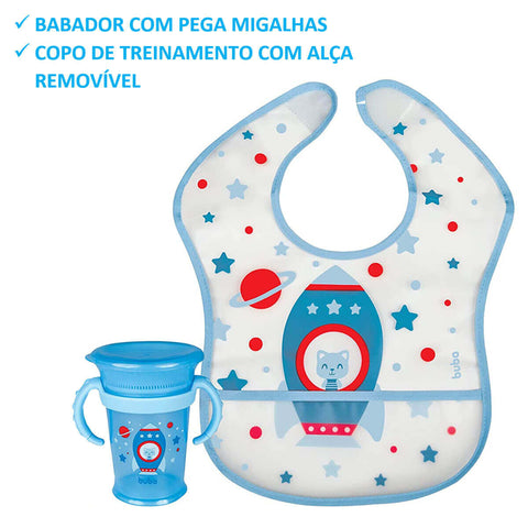 Babador Infantil Impermeável e Copo de Treinamento com Alças 210ml Kit Foguete Buba Azul