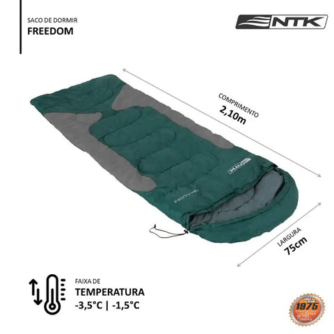 Saco de Dormir Solteiro Térmico 210x75cm Freedom Nautika com Bolsa de Transporte Verde e Cinza