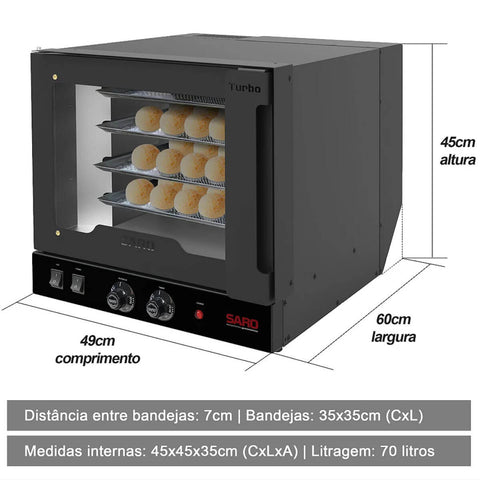 Forno Turbo Industrial Elétrico 49x60cm 250°c Saro com 4 Esteiras 220V Preto