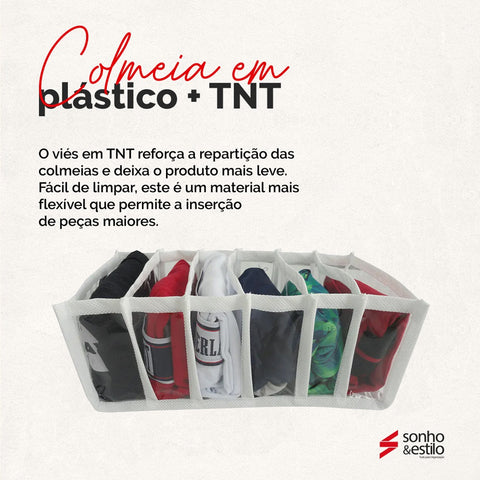 Jogo 3 Colmeias Organizadoras de Cuecas com 6 Divisórias TNT Branco Plástico Transparente