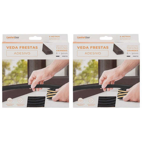 Kit 2 Veda Frestas Adesivo Preto Portas Janelas 6x9mm 6 Metros Comfortdoor Borracha Epdm