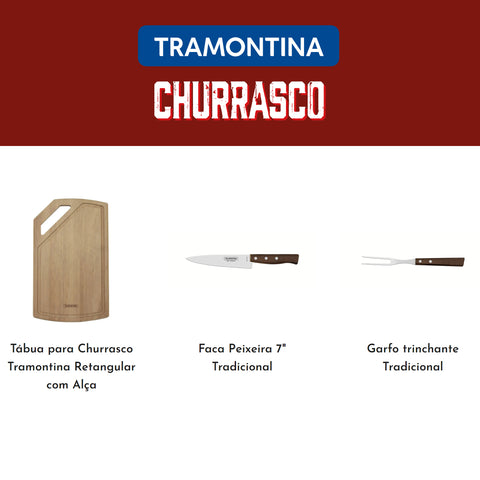 Kit para Churrasco 3 Peças Tramontina Faca 7' Garfo Trinchante e Tábua de Corte Madeira Natural