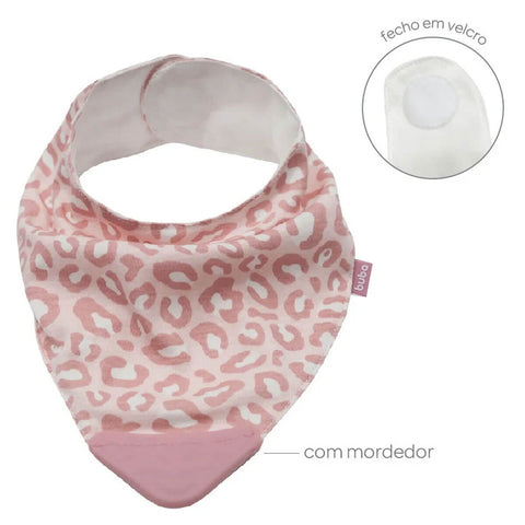 Bandana Babador para Bebê Animal Print com Mordedor de Silicone e Fecho Alto Colante Buba