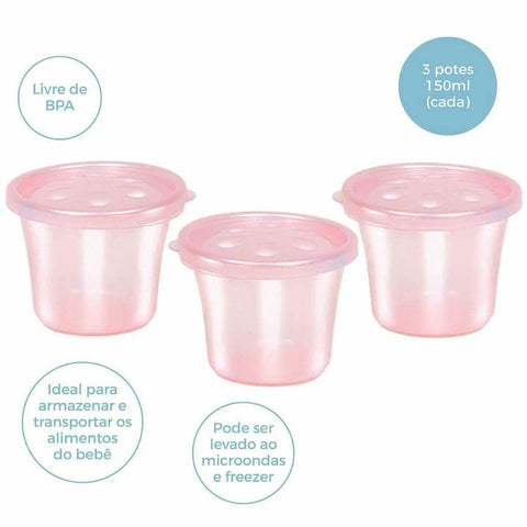 Kit 3 Potes Infantis Papinha Tampa 150ml BPA Free Buba Freezer Microondas Colorido