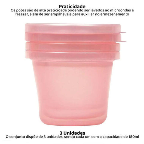 Kit 3 Potes Infantis Papinha Tampa 150ml BPA Free Buba Freezer Microondas Colorido