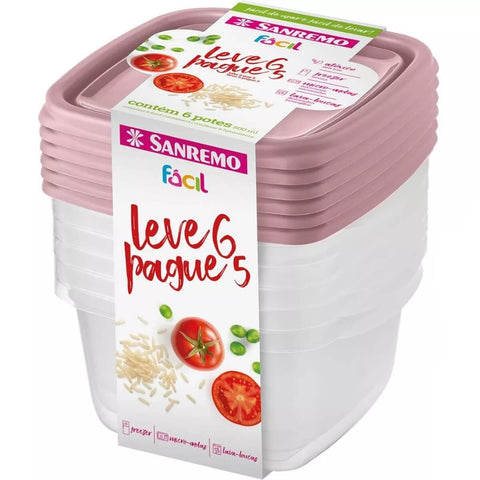 Conjunto 6 Potes Plástico Sanremo 800ml Quadrado Freezer e Micro ondas com Tampa