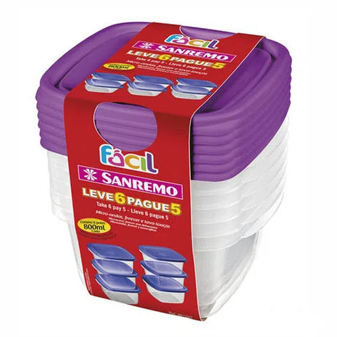 Conjunto 6 Potes Plástico Sanremo 800ml Quadrado Freezer e Micro ondas com Tampa