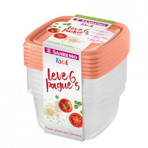 Conjunto 6 Potes Plástico Sanremo 800ml Quadrado Freezer e Micro ondas com Tampa