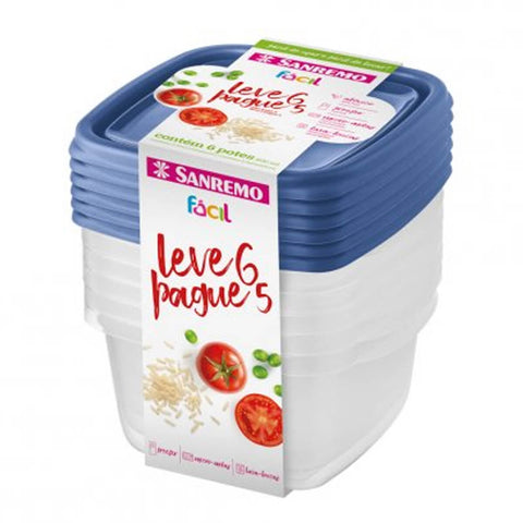 Conjunto 6 Potes Plástico Sanremo 800ml Quadrado Freezer e Micro ondas com Tampa