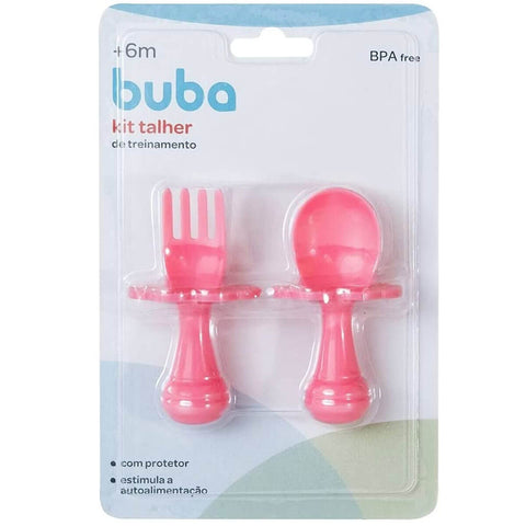 6 Kits Talheres de Treinamento Buba Colher e Garfo para Bebê com Escudo Limitador Rosa