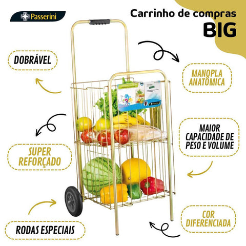 Carrinho para Compras com Rodas Feira Supermercado Dobrável Aramado Passerini Dourado