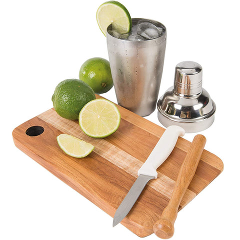 Conjunto Caipirinha 4 Peças Utily Tábua de Madeira Coqueteleira 500ml Socador e Faca Branca