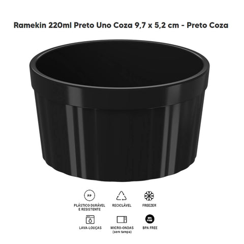 Ramekin Plástico Preto Canelado 200ml 9,7cm Uno Coza Tigela Bowl Sobremesa Molheira