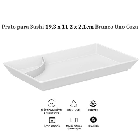 Kit 4 Pratos para Sushi com Molheira Shoyu Uno Coza Travessas Brancas Retangulares em Polipropileno