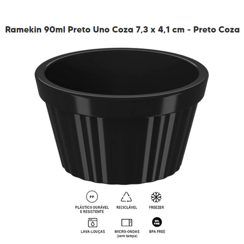 Ramequim de Plástico Preto Canelado 90ml Potinho Pequeno 7,3cm Uno Coza