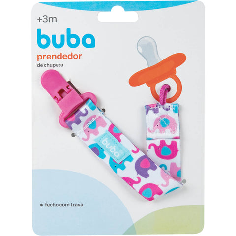 Prendedor de Chupeta para Bebê Buba com Fecho Trava e Estampa Elefantinho Rosa