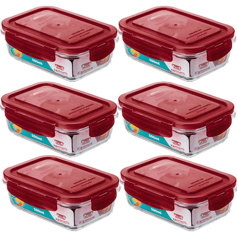 Jogo 6 Potes de Vidro Herméticos Marmitas Retangulares 550ml Sanremo Tampa Vermelha