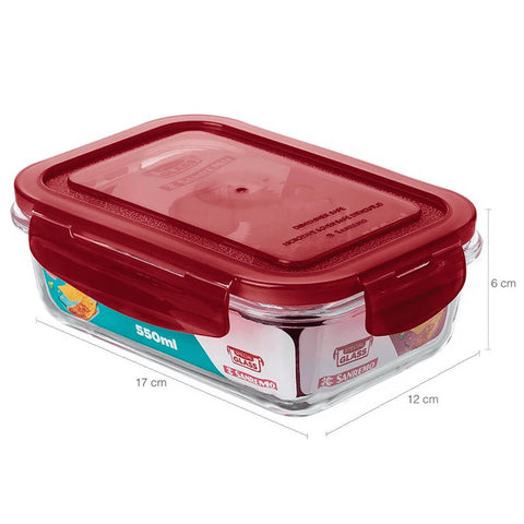 Jogo 6 Potes de Vidro Herméticos Marmitas Retangulares 550ml Sanremo Tampa Vermelha