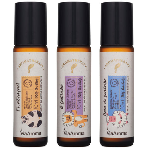 3 Roll-On de Óleos Essenciais Vegetais Foco Dormir Imunidade 10ml Via Aroma Kids