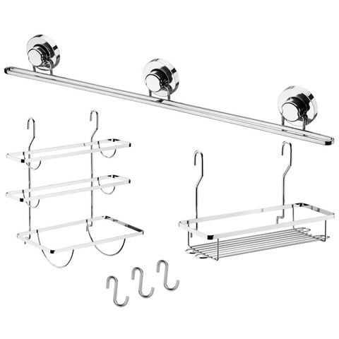 Kit Barra 70cm 3 Ganchos Ventosa Cozinha Porta Rolos Temperos Condimentos Cromado