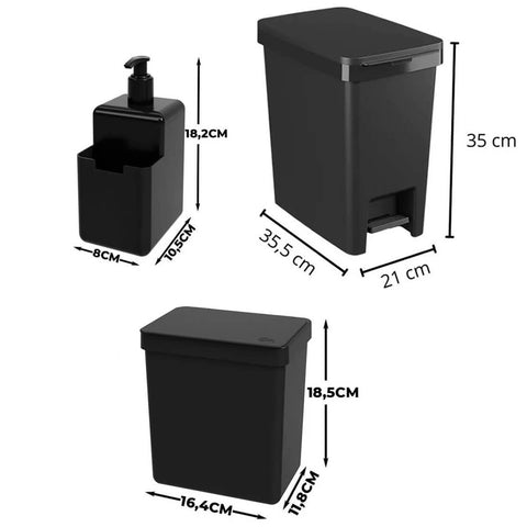 Kit Dispenser para Detergente e Esponja 500ml Lixeira 2,5L e Lixeira Grande 15L Single Coza Preto