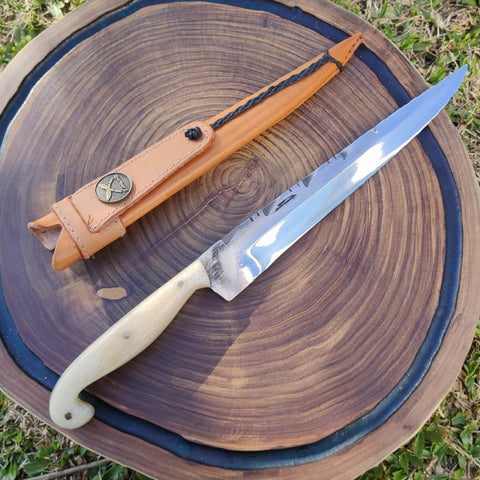 Faca Sorocabana em Aço Cirúrgico Inox 420c Artesanal 10' Cabo Osso de Búfalo Churrasco