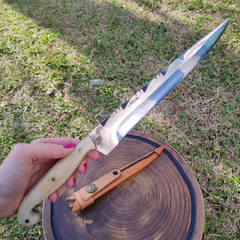 Faca Sorocabana em Aço Cirúrgico Inox 420c Artesanal 10' Cabo Osso de Búfalo Churrasco