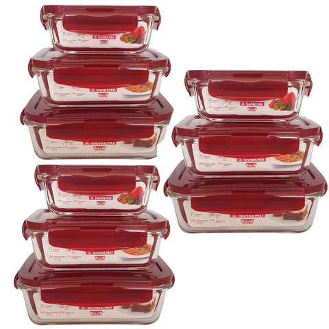 Kit 9 Potes Herméticos De Vidro Marmitas Retangulares 330ml 550ml E 800ml Vermelho