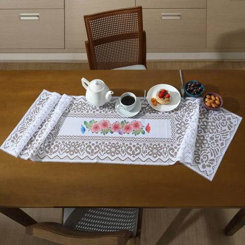 Trilho Caminho de Mesa Rendado Branco 150cm x 40cm Desenho Hibisco Valência