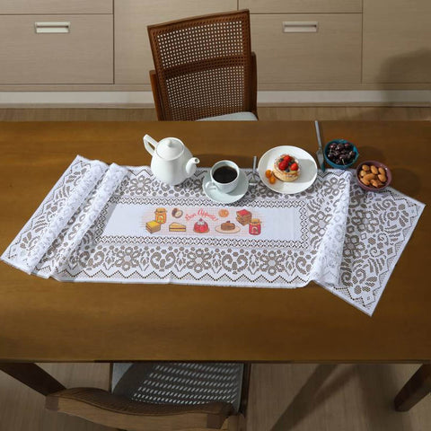 Caminho Trilho de Mesa Branco Rendado 150x40cm Picnic Valência Interlar