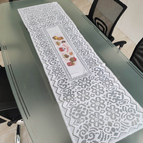 Caminho Trilho de Mesa Branco Rendado 150x40cm Picnic Valência Interlar