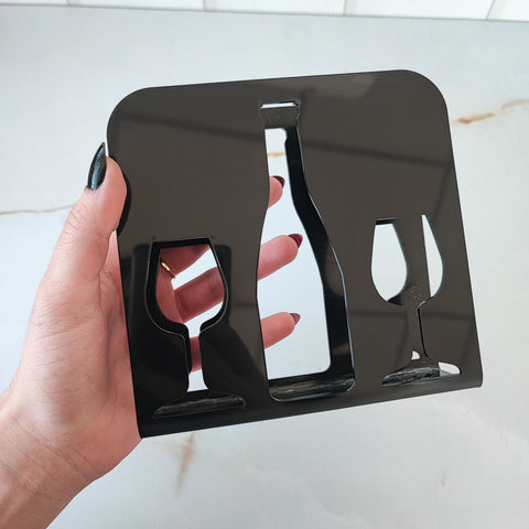 Porta Guardanapo Decorativo Taças e Garrafa de Vinho Preto Acrílico Zarg