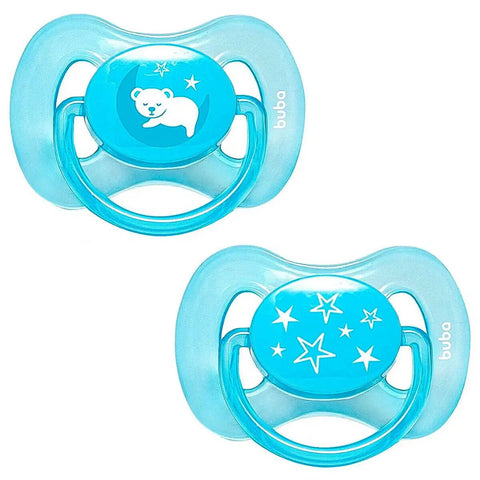 Kit 2 Chupetas de Silicone Tamanho 2 Comfort Noturna Buba Desenho Ursinho e Estrelas Azul