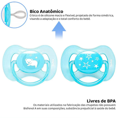 Kit 2 Chupetas de Silicone Tamanho 2 Comfort Noturna Buba Desenho Ursinho e Estrelas Azul