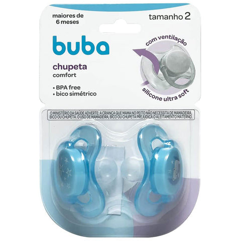 Kit 2 Chupetas de Silicone Tamanho 2 Comfort Noturna Buba Desenho Ursinho e Estrelas Azul