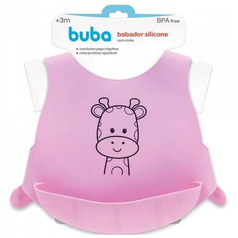 Babador De Silicone Rosa Com Cinta Ajustável E Bolso Frontal Pega Migalhas Girafinha Buba