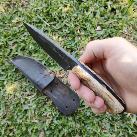 Faca EDC Coreadeira para Corear 4' Cabo Osso Anilina Aço Carbono 5160 Oxidada Fosfatizada