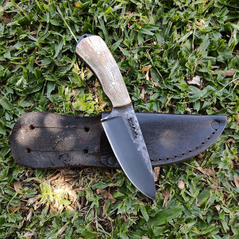 Faca EDC Coreadeira para Corear 4' Cabo Osso Anilina Aço Carbono 5160 Oxidada Fosfatizada