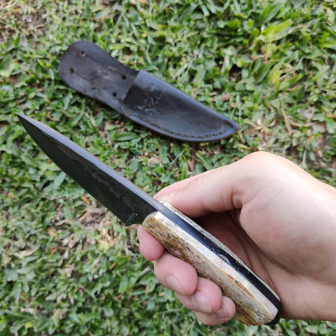 Faca EDC Coreadeira para Corear 4' Cabo Osso Anilina Aço Carbono 5160 Oxidada Fosfatizada