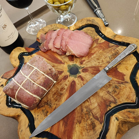 Faca Artesanal 9' Cabo Prateado Estreita Churrasco Bainha Picassa Couro Aço Inox Zanline