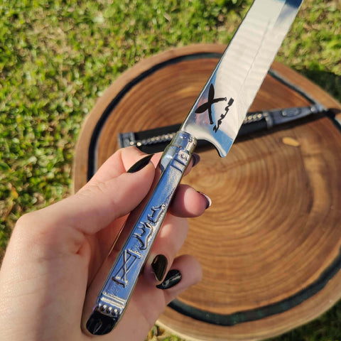 Faca Artesanal 9' Cabo Prateado Estreita Churrasco Bainha Picassa Couro Aço Inox Zanline