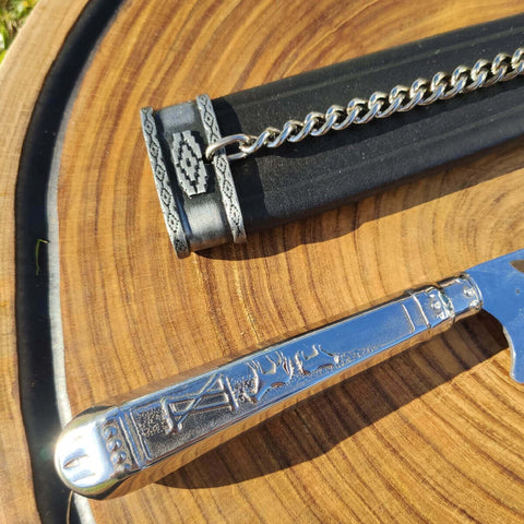 Faca Artesanal 9' Cabo Prateado Estreita Churrasco Bainha Picassa Couro Aço Inox Zanline