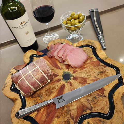 Faca Artesanal 9' Cabo Prateado Estreita Churrasco Bainha Picassa Couro Aço Inox Zanline