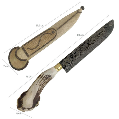 Faca Chifre de Cervo Roseta Aço Damasco 8' Churrasco Artesanal Dorso Mosqueado Zanline