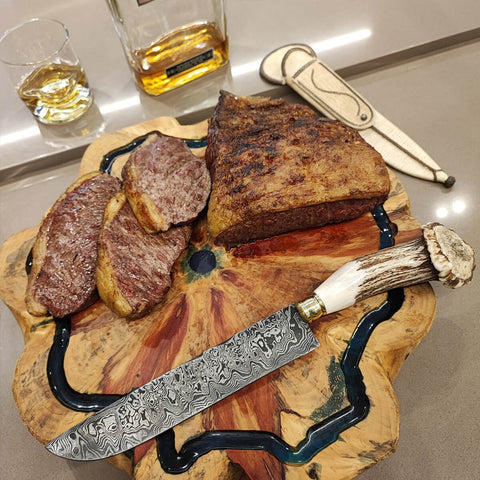 Faca Chifre de Cervo Roseta Aço Damasco 8' Churrasco Artesanal Dorso Mosqueado Zanline