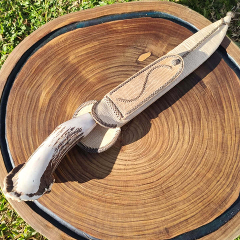 Faca Chifre de Cervo Roseta Aço Damasco 8' Churrasco Artesanal Dorso Mosqueado Zanline