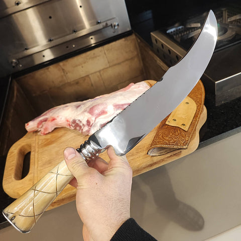 Faca Forjada Cabo de Osso Integral Artesanal 10' Churrasco Aço Inox 420C Bruta