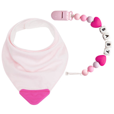 Kit Bandana para Bebê com Mordedor de Silicone e Prendedor de Chupeta Buba Rosa