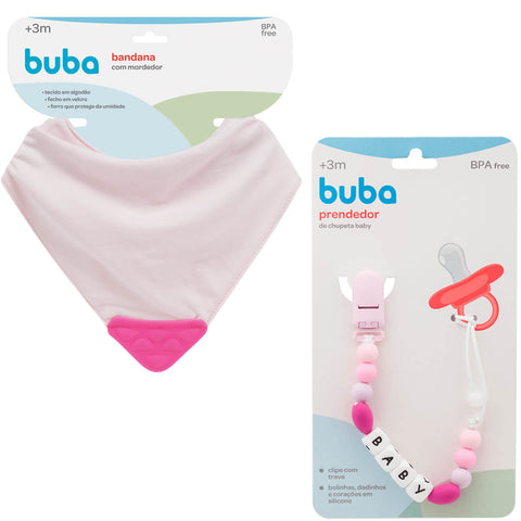 Kit Bandana para Bebê com Mordedor de Silicone e Prendedor de Chupeta Buba Rosa