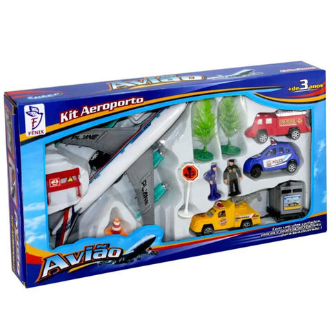 Kit Aeroporto Infantil Fenix 12 Peças Avião de Brinquedo Carrinhos Bonecos e Acessórios Modelos Sortidos